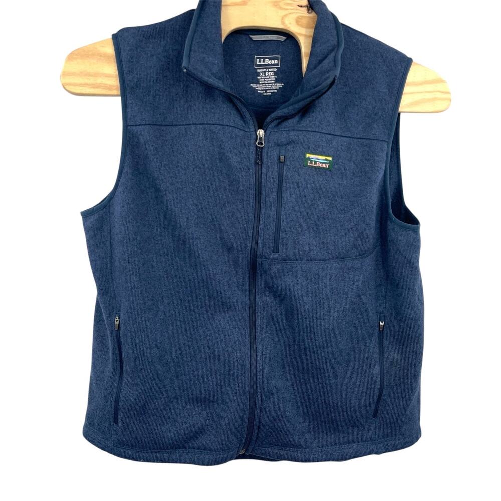 LL Bean Sweater Vest Mens XL Blue Fleece Navy Logo Slightly Fitted Full Zip Up